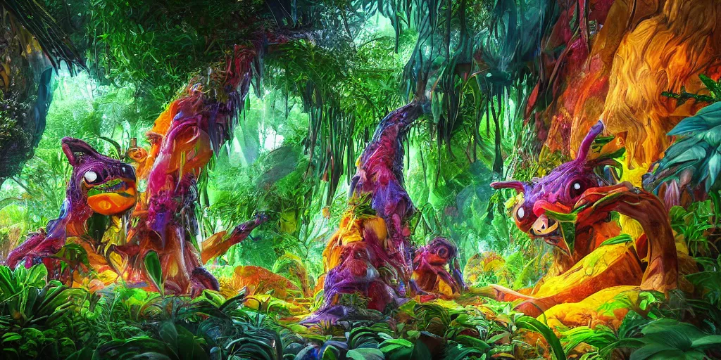 Prompt: of a colorful rainforest with strange cute friendly creatures with huge eyes, mouth, long tongue and round teeth appearing from the trees, in the style of gehry and gaudi, macro lens, highly detailed, shallow depth of fielf, digital painting, trending artstation, concept art, illustration, cinematic lighting, vibrant colors, photorealism, epic, octane render