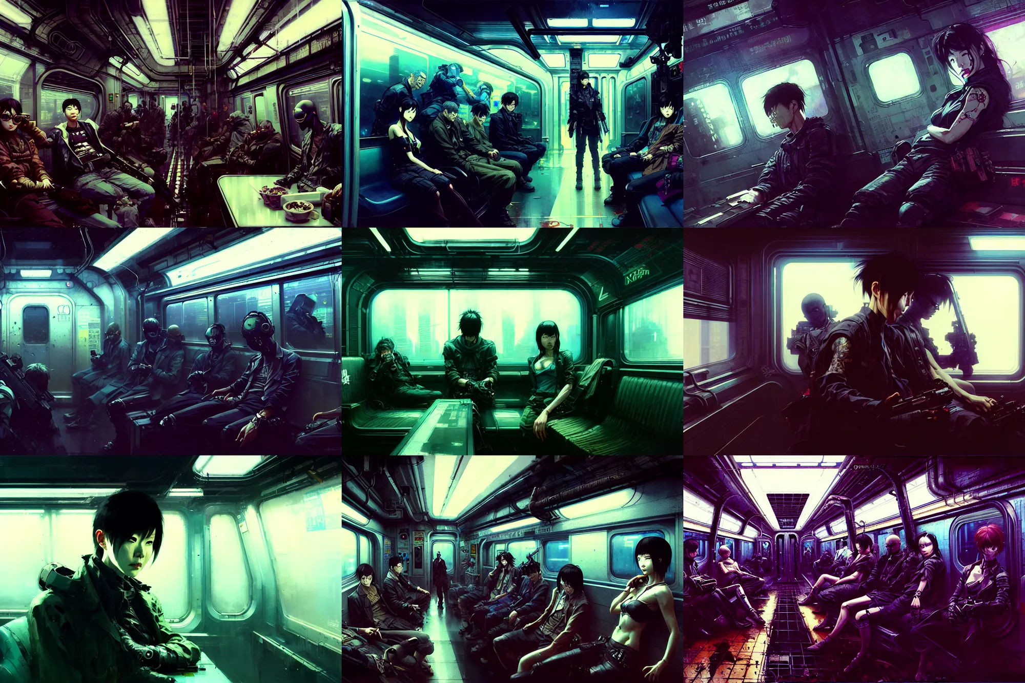 Prompt: hyper - realistic cinematic shot of cyberpunk portrait of subway car interior, extreme detail, in style of pan ren wei, yoji shinkawa, ilya kuvshinov, atey ghailan, by greg rutkowski, by greg tocchini, by jeremy mann, by james gilleard, by joe fenton, by kaethe butcher, grunge aesthetic