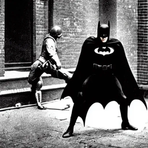 Image similar to a close - up old black and white photo, 1 9 1 3, depicting batman fighting a bad guy in an ally of new york city, rule of thirds, historical record