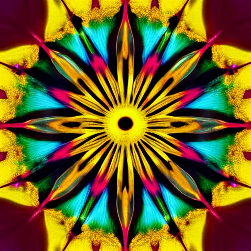 Image similar to multicolor open wings, a yellow eight-pointed-star in the center, an open eye in its center, space in the background, digital art