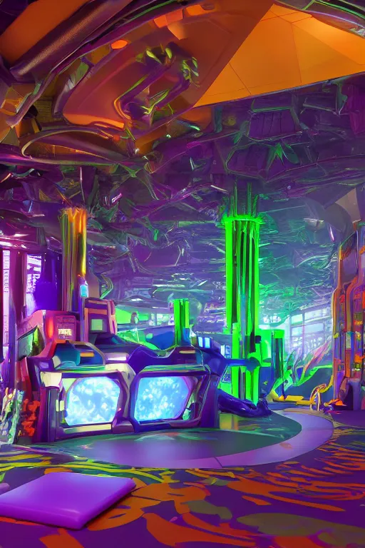 Prompt: Cybertron, the inside of a Discovery Zone soft play area for goth Decepticons, cinematography by Wes Anderson, 4k octane render, photorealistic , cinematic lighting, Artstation