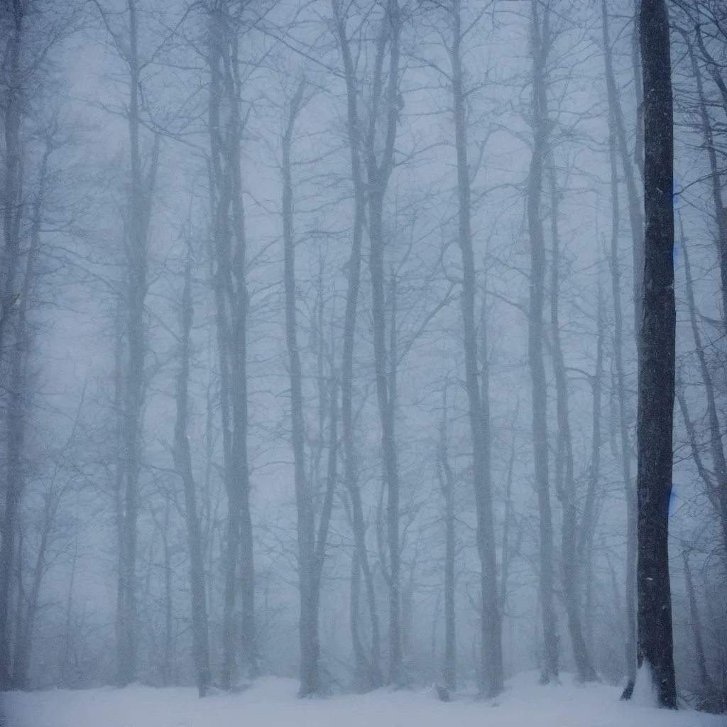 Image similar to photo, bigfoot is hiding in the background. cold color temperature, snow storm. hazy atmosphere. humidity haze. kodak ektachrome, greenish expired film, award winning, low contrast