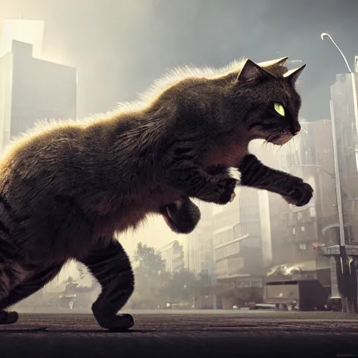 Image similar to apocalyptic, a closeup of an big angry cat walking on the future street. smoke. volumetric lighting, sharp focus, ultra detailed, cgsociety - w 1 0 2 4 - n 8 - i