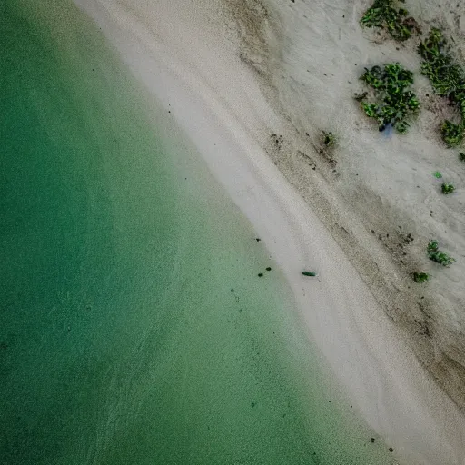 Prompt: photography of a beach, green sand, green ocean, green sky