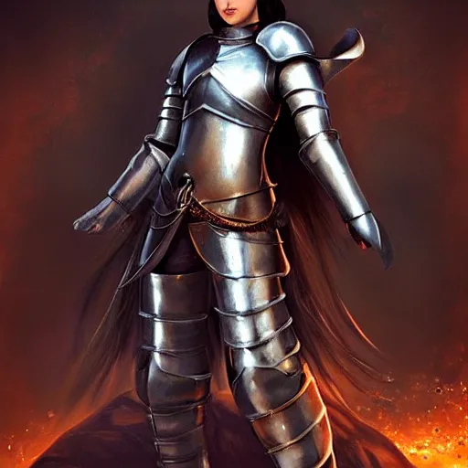 Prompt: a beautiful female knight in a light leather armor without any battle experience who only came to see a dragon, symmetrical, cinematic, real photography