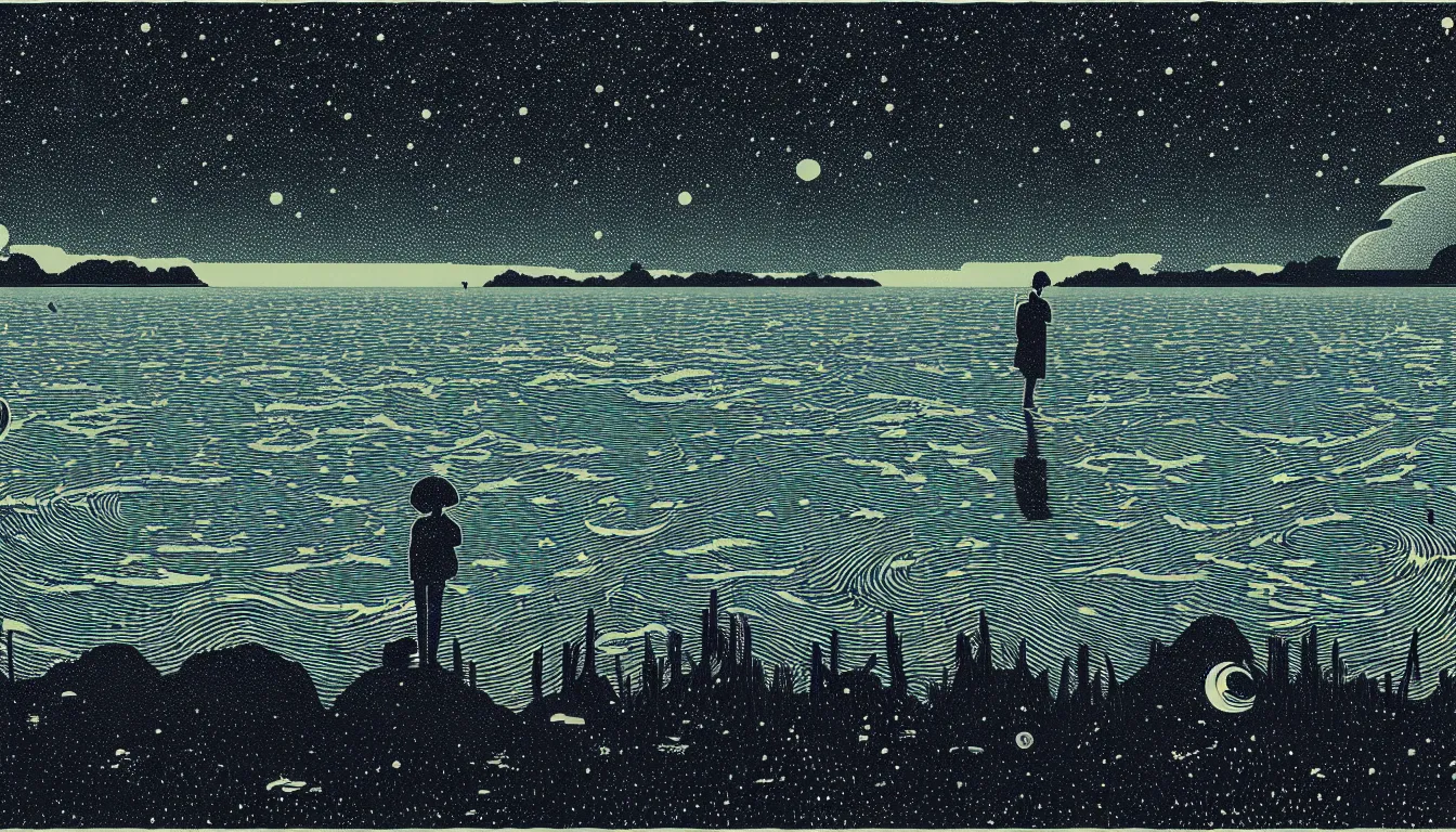 Image similar to standing in a lake looking at reflection of the night sky by woodblock print, nicolas delort, moebius, victo ngai, josan gonzalez, kilian eng