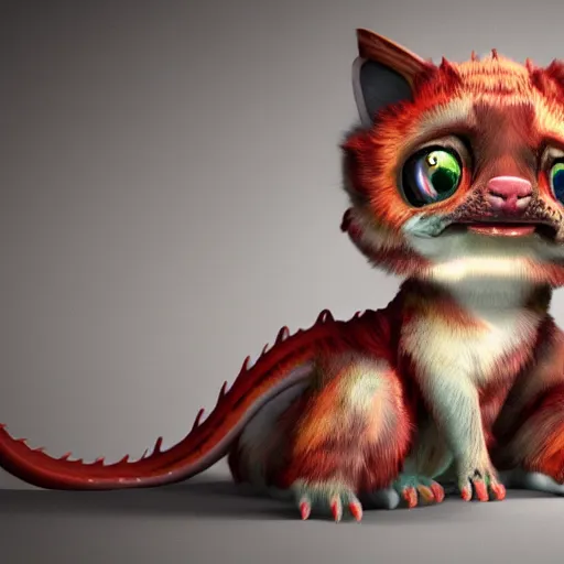 Image similar to a hyper realistic render of a cute eastern dragon with big eyes and friendly + a cute cat