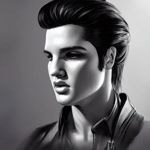 Image similar to young elvis presley dressed in 2 0 2 2, modern clothing, nashville, tennessee, portrait, highly detailed, digital painting, artstation, concept art, sharp focus, illustration, cinematic lighting, art by artgerm and greg rutkowski and alphonse mucha