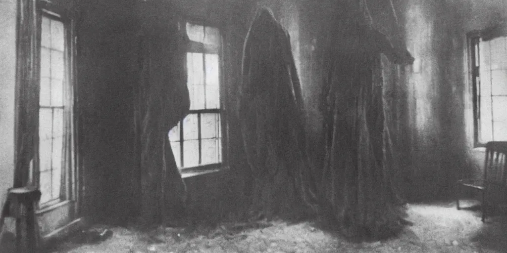 Image similar to scary unproportionable tall ghost creature inside a house, 1900s picture