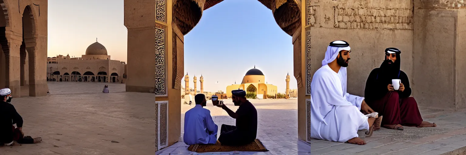 Prompt: two arabic men sitting and drinking coffee in the center of old arabic town, the old mosque on the horizon, sunrise,