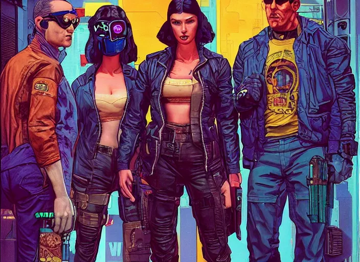 Image similar to cyberpunk heist crew. portrait by stonehouse and mœbius and will eisner and gil elvgren and pixar. character design. realistic proportions. dystopian. cyberpunk 2 0 7 7, apex, blade runner 2 0 4 9 concept art. cel shading. attractive face. thick lines. hi def 4 k. the team.