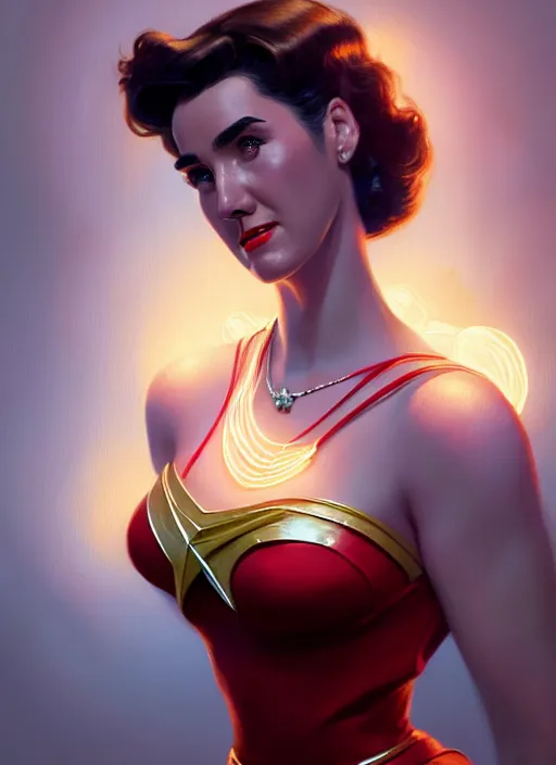 Prompt: portrait of 1 9 5 0 s darna, jennifer connelly, intricate, elegant, glowing lights, highly detailed, digital painting, artstation, glamor pose, concept art, smooth, sharp focus, illustration, art by wlop, mars ravelo and greg rutkowski