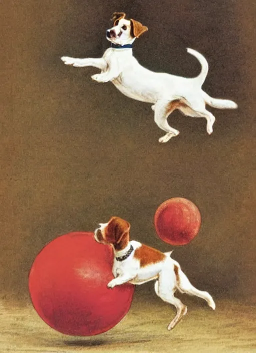 Prompt: jack russel terrier jumping on red ball, illustrated by peggy fortnum and beatrix potter and sir john tenniel