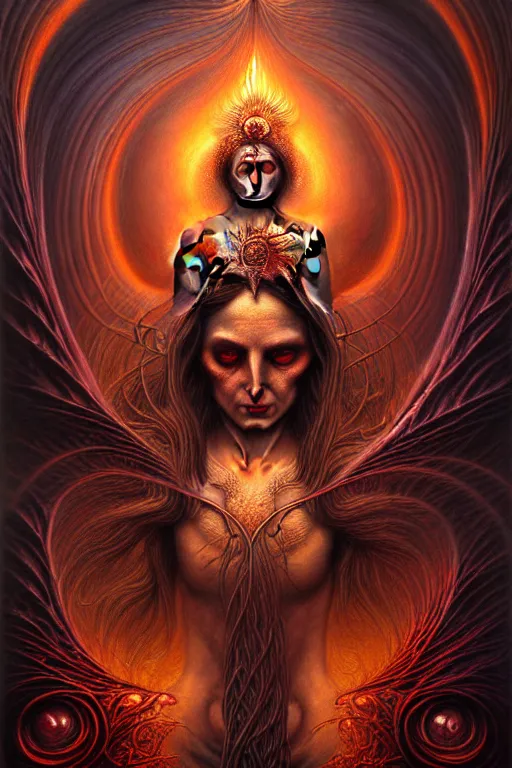 Image similar to A beautiful detailed godness woman super dark tarot card, by tomasz alen kopera and Justin Gerard, symmetrical features, ominous, magical realism, texture, intricate, ornate, royally decorated, melting, whirling smoke, embers, red adornements, red torn fabric, radiant colors, fantasy, trending on artstation, volumetric lighting, micro details, 3d sculpture, ray tracing, 8k, anaglyph effect