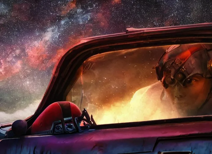 Image similar to a very high resolution image from a new movie, starlord. inside of a car. mountains, falling stars, directed by wes anderson