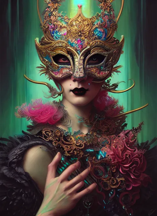 Image similar to hyper detailed ultra sharp elite venetian mask girl, gothic aesthetic, synthwave, colorful, ephemeral, ornate, intricate, digital painting, concept art, smooth, sharp focus, illustration, art by tom bagshaw and greg rutkowski and hannah yata, trending on artstation 8 k