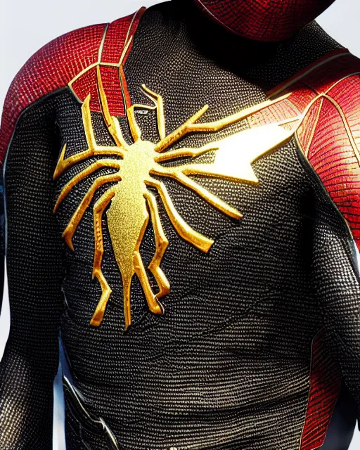 Image similar to photorealistic, hyperdetailed photograph of black spider - man suit with gold webbing by insomniac games