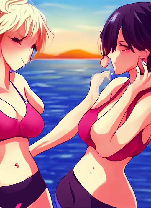 Image similar to two beautiful mothers taunting each other, summer clothes, gorgeous faces, smooth, thick lines, cinematic lighting, detailed anime art