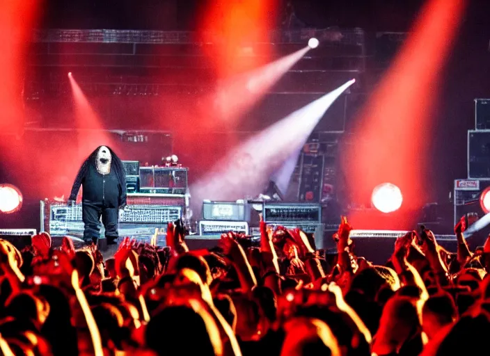 Image similar to publicity photo still of danny devito touring with korn live on stage, 8 k, live concert lighting, mid shot