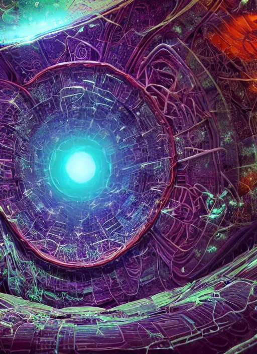Prompt: the machine universe encounters a living cosmos inside an asymmetric orthogonal non - euclidean upside down inside out world with an infinite cosmic spiral waterfall of living information, inspired by android jones, hyperrealistic, digital art, futuristic sci - fi concept art, rendered in cinema 4 d, cryengine 4 k