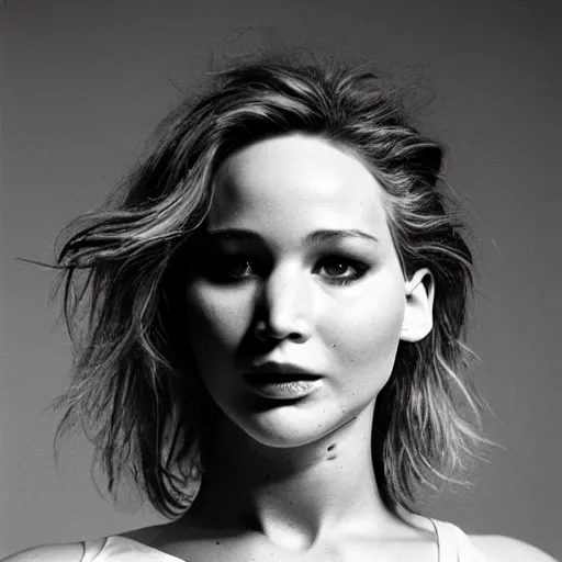 Prompt: Jennifer Lawrence tripping hard. Close-up studio portrait by Robert Mapplethorpe. Tri-x.