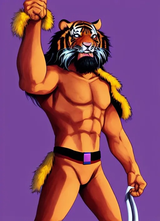 Image similar to character portrait of a male anthro Tiger fursona dressed like Macho Man Randy Savage in a futuristic wrestling ring. Character design by charlie bowater, ross tran, artgerm, and makoto shinkai, detailed, inked, western comic book art