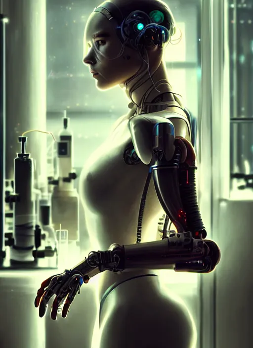 Prompt: Ultra realistic cyborg extreme beautiful woman in a chemical laboratory, cyberpunk,sci-fi, fantasy,Kodak , soft light, volumetric lighting, ,night, fog ,smoke, intricate, elegant, highly detailed, digital painting, artstation, concept art, smooth, sharp focus, illustration,art by artgerm and greg rutkowski and alphonse mucha