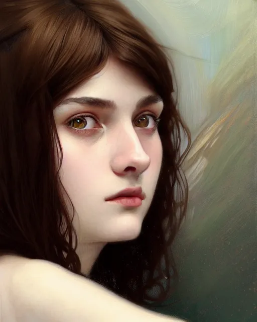 Image similar to portrait of a welsh teenage girl with brown hair, dark brown eyes, glowing skin, delicate features, quiet beauty, amelie poulain, fantasy, intricate, elegant, dress shirt, highly detailed, digital painting, artstation, concept art, smooth, sharp focus, illustration, art by Krenz Cushart and Artem Demura and alphonse mucha