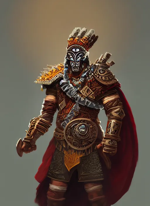 Image similar to a highly detailed illustration of tribal masked aztec warrior wearing brown robe, heroic fist pose, intricate, elegant, highly detailed, centered, digital painting, artstation, concept art, smooth, sharp focus, league of legends concept art, wlop.