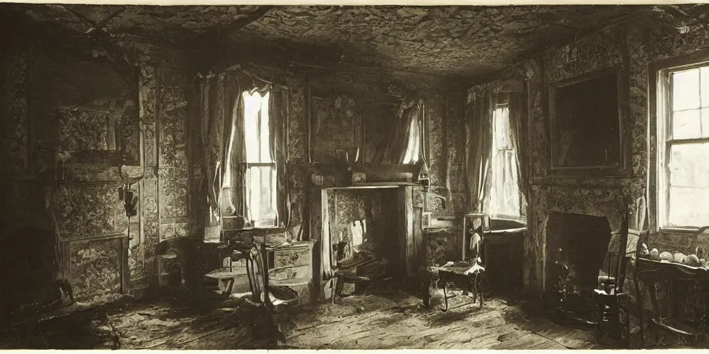 Prompt: the interior of an old haunted cottage in cumberland, delicate embellishments, painterly, offset printing technique, photographed on film by brom, robert henri, walter popp