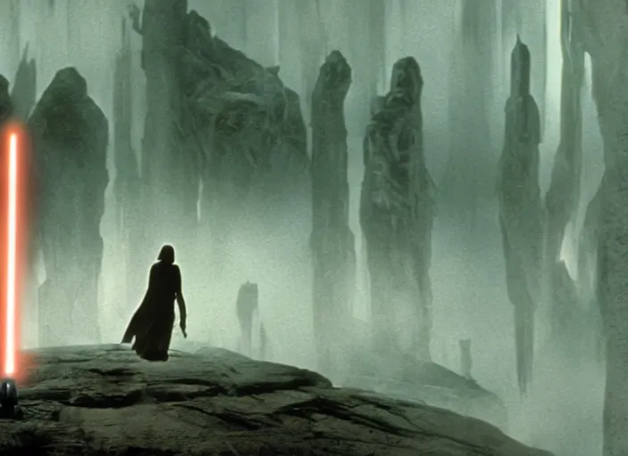 Image similar to epic still of luke skywalker using lightsaber in foggy environment, approaching an ancient temple in the distance, female sith lord in the distance, iconic scene from the 1980s film directed by Stanley Kubrick, cinematic lighting, kodak film stock, strange, hyper real, stunning moody cinematography, with anamorphic lenses, crisp, detailed portrait, 4k image