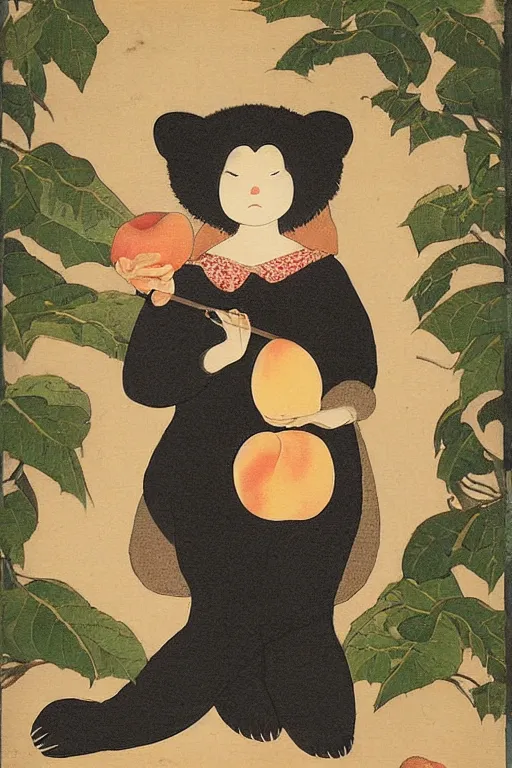 Prompt: a girl with a peach in her hands stands beside an anthropomorphic black bear, offering the peach to the bear. in the style of foujita tsuguharu