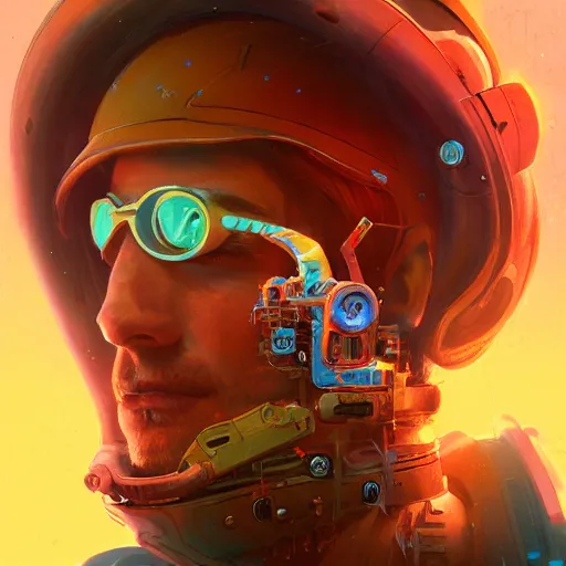Image similar to a head and shoulders portrait of a space cowboy, neon, retro, steampunk, smooth, sharp focus, intricate, artstation, detailed concept art by Marc Simonetti