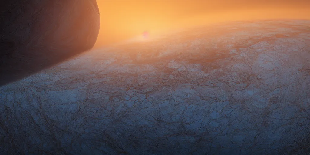 Prompt: Sunrise on Europa, cinematic lighting, wide angle landscape photography, hyperrealistic, 8k