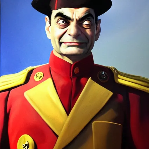 Prompt: ultra realistic painting of mr bean as m. bison from street fighter, art by frank frazetta, 4 k, ultra realistic, highly detailed, epic lighting