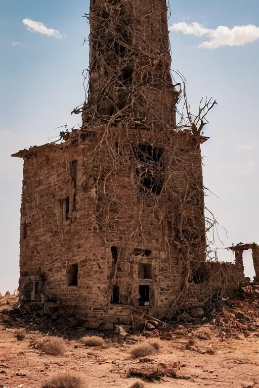 Image similar to an old decaying tower in the middle of a vast desert, fantasy, hyper realistic, atmospheric lighting, Mary Anne, Ginger, Genie 8k,