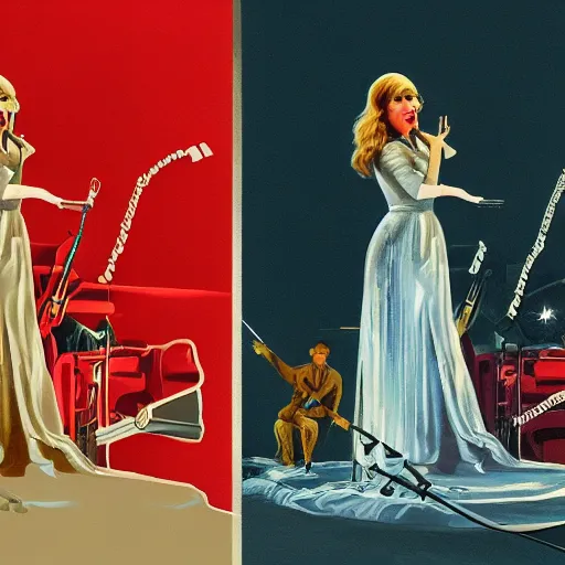 Image similar to a detailed and complex, highly detailed, concept art, soviet propaganda poster depicting a portrait of taylor swift singing on stage. painting by irakli toidze