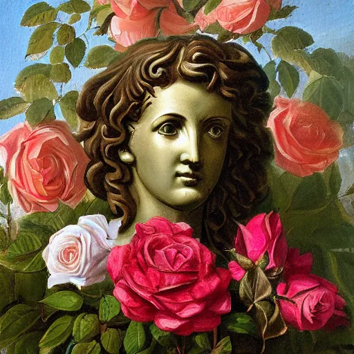 Image similar to portrait of a greek statue buried among the roses in roses, by julia pott