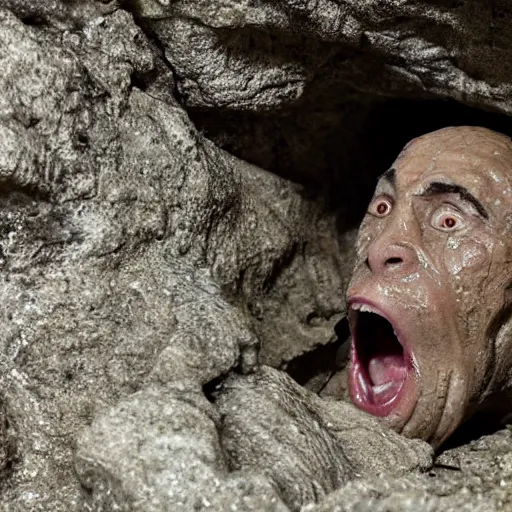 Image similar to photo inside a cavern of a wet reptilian humanoid putin partially hidden behind a rock, with black eyes, open mouth and big teeth