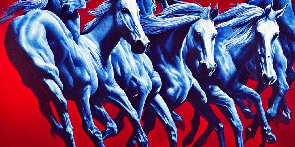 Prompt: blue inside out horses galloping with cowboys riding, too many hands in all directions, too many teeth, too many eyes, in hoc signo vinces, waterfall, in the style of gottfried helnwein, high contrast chiaroscuro, intricate composition, blue light, insanely quality, highly detailed, masterpiece, red light, artstation