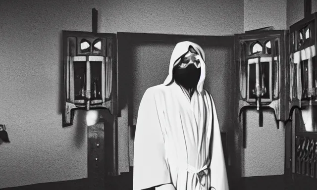 Image similar to cultist in robe with mask and gloves, satanic church interior, ceremonial, realistic photo, cctv footage, horror lighting, dim lighting