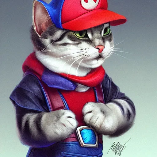 Prompt: Portrait of a Cat dressed as Super Mario, nintendo, highly detailed, digital painting, artstation, concept art, smooth, sharp focus, illustration, art by artgerm and greg rutkowski and alphonse mucha