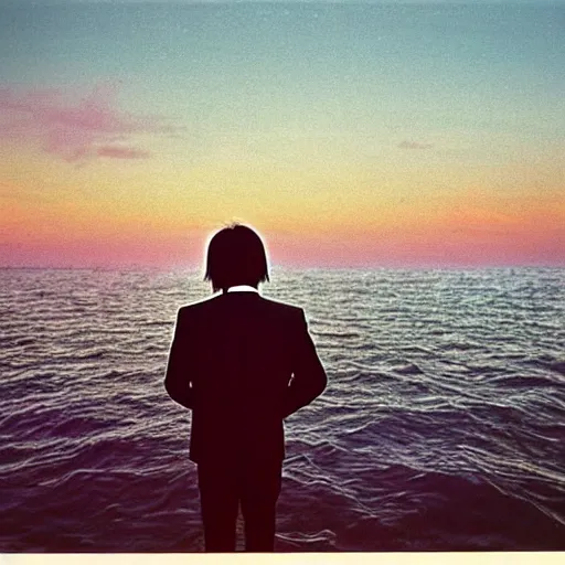 Prompt: japanese man with long hair in a suit standing in the ocean looking at the camera, wide shot, far!!!!!!! away, zoomed out, distance!!!!!!! shot, sunset, centered, album cover, 1980, tatsuro yamashita, ride on time