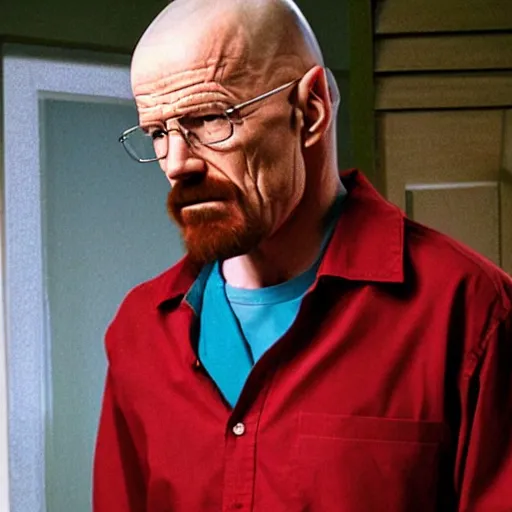 Prompt: walter white wears a very colorful rainbow shirt