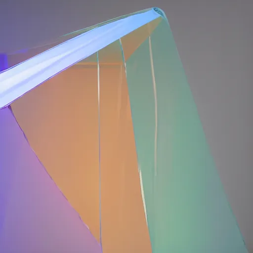 Prompt: an ultra high definition professional studio quality photograph of a transparent iridescent perspex pastel coloured inflatable parachute sculpture material in an empty white room. dramatic lighting, ray tracing, refraction, shallow d. o. f, colour corrected, golden ratio, three point light. volumetric shadows. god rays.