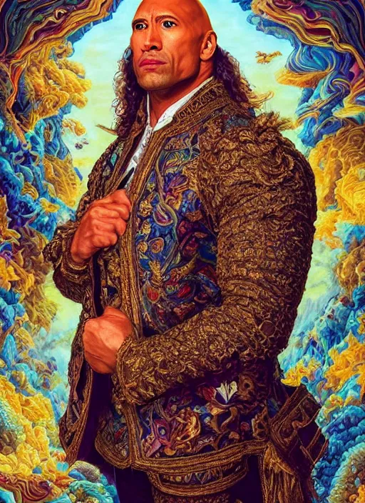 Image similar to beautiful oil painting, portrait of Dwayne the rock Johnson as Louis xiv in coronation robes 1701, Dan Mumford, Dan Mumford, Dan Mumford, Alex grey, Alex grey, lsd visuals, dmt fractal patterns, entheogen, psychedelic, hallucinogen, highly detailed, ornate, vaporwave