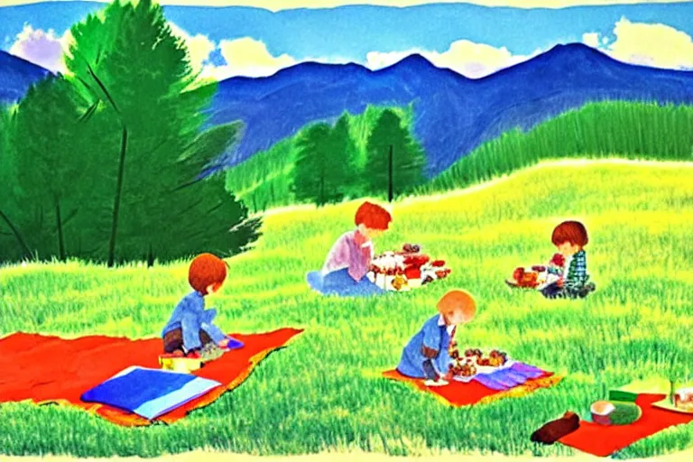 Prompt: ( ( ( ( ( ( ( a beautiful picnic scene in the rocky mountains ) ) ) ) ) ) ) by eric carle!!!!!!!!!!!!!!! detailed,