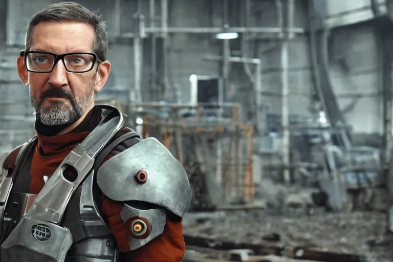 Prompt: vfx movie closeup real life gordon freeman holding wearing futuristic armor, half life logo on chest plate, crowbar in russian train yard by emmanuel lubezki