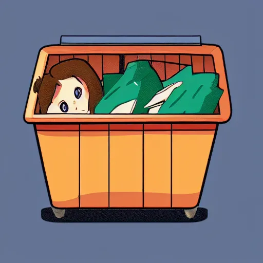 Prompt: Anime style illustration of a dumpster with a face