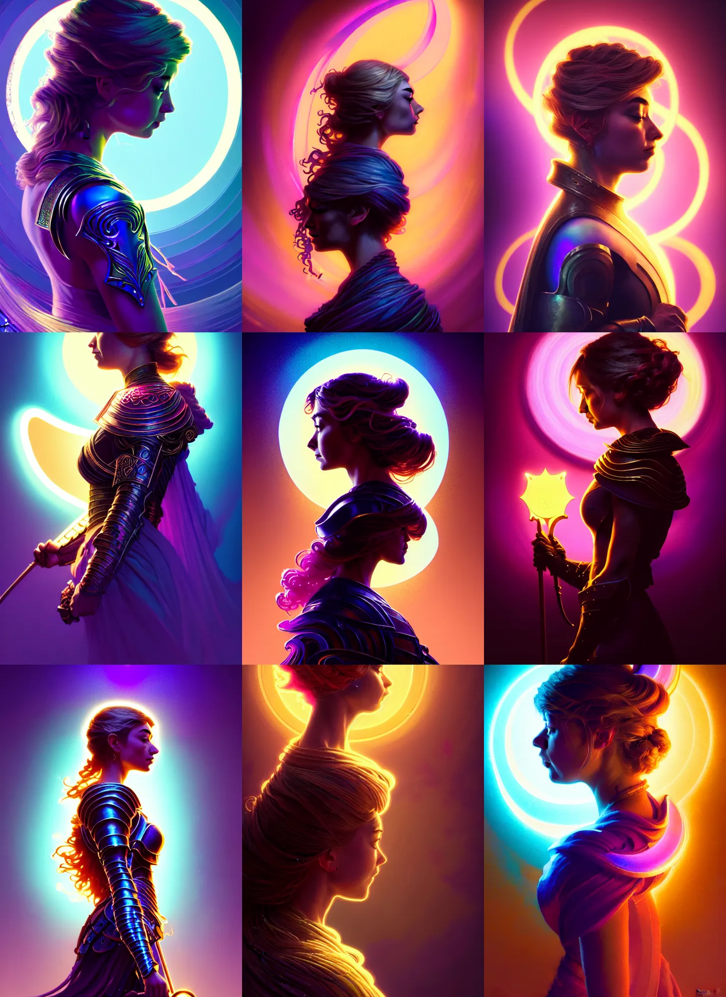 Prompt: side portrait, imogen poots paladin, gloomhaven, soft, smooth, luminescent, art nouveau tarot, backlit glow, colorful swirly ripples, gaudy colors, aesthetic octane render, unreal engine, 8 k, by greg rutkowski, jesper ejsing, rhads, ilya kuvshinov, cushart krenz!!